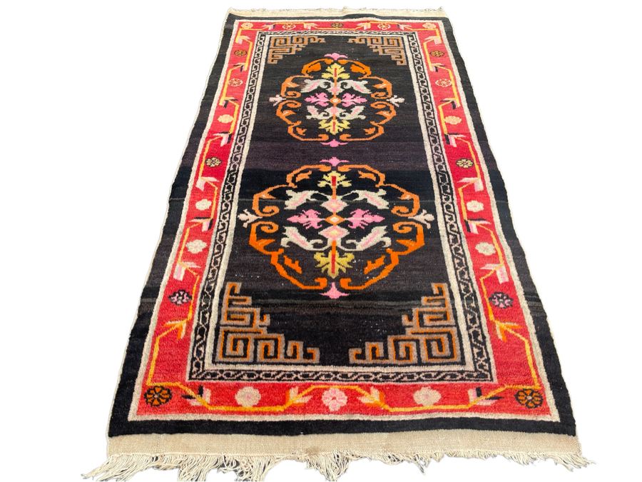 Vintage Hand Knotted Asian Wool Area Rug 71 X 36