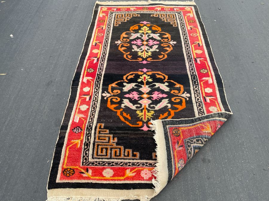 Vintage Hand Knotted Asian Wool Area Rug 71 X 36 [Photo 11]