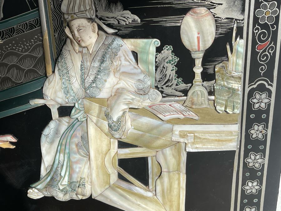 Impressive Japanese 4-Panel Hand Painted Wooden Screen With Carved Semi-Precious Stone Applied Decorations 64W X 72H - See Photos [Photo 20]