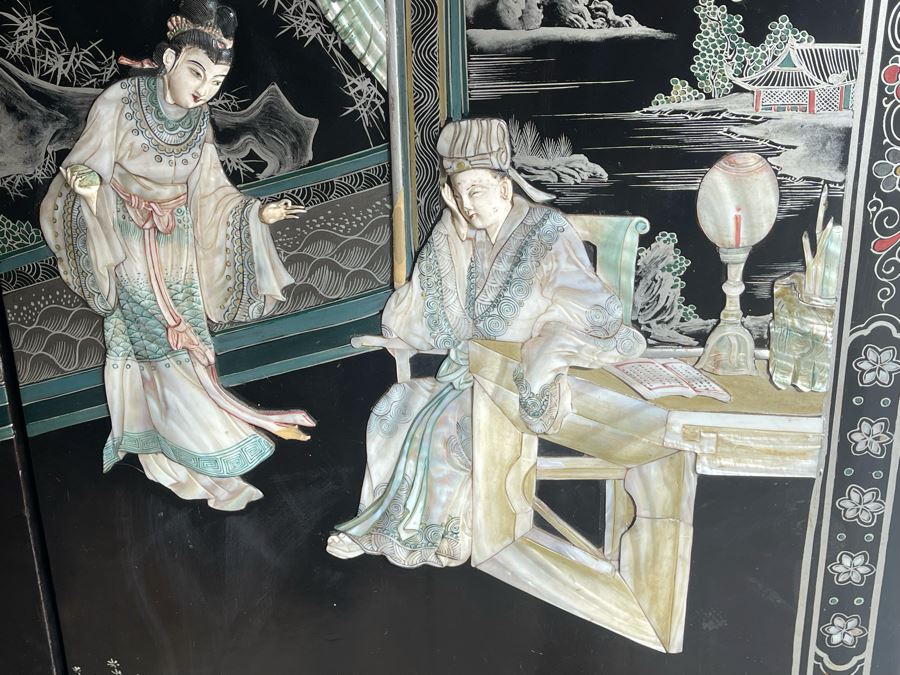 Impressive Japanese 4-Panel Hand Painted Wooden Screen With Carved Semi-Precious Stone Applied Decorations 64W X 72H - See Photos [Photo 9]