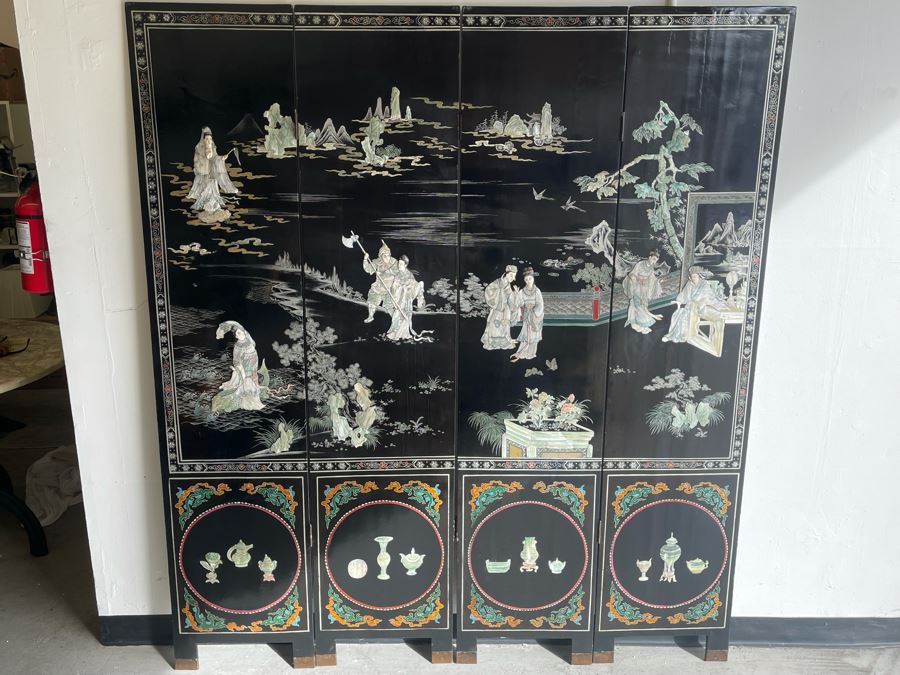 Impressive Japanese 4-Panel Hand Painted Wooden Screen With Carved Semi-Precious Stone Applied Decorations 64W X 72H - See Photos [Photo 7]