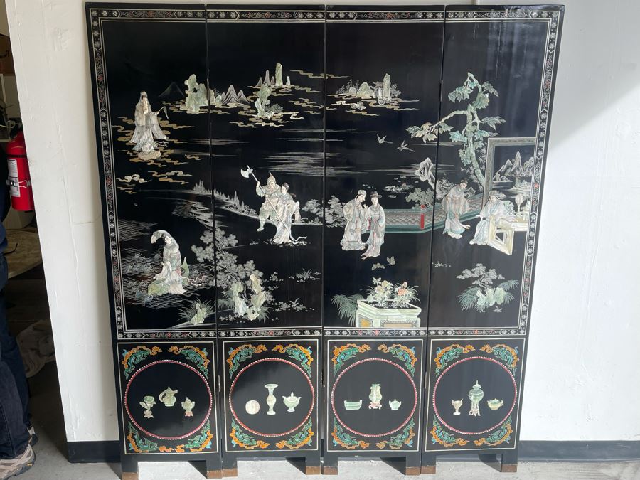 Impressive Japanese 4-Panel Hand Painted Wooden Screen With Carved Semi-Precious Stone Applied Decorations 64W X 72H - See Photos [Photo 6]