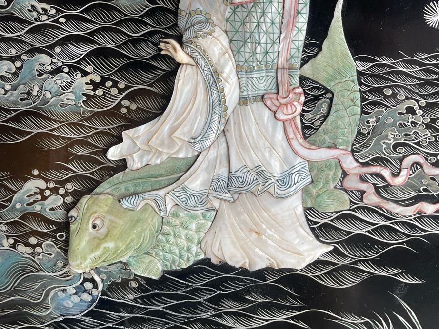 Impressive Japanese 4-Panel Hand Painted Wooden Screen With Carved Semi-Precious Stone Applied Decorations 64W X 72H - See Photos [Photo 2]