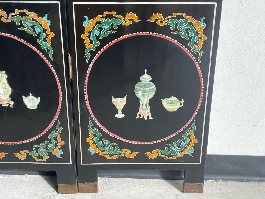 Impressive Japanese 4-Panel Hand Painted Wooden Screen With Carved Semi-Precious Stone Applied Decorations 64W X 72H - See Photos [Photo 10]