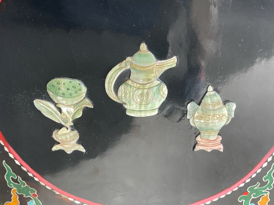 Impressive Japanese 4-Panel Hand Painted Wooden Screen With Carved Semi-Precious Stone Applied Decorations 64W X 72H - See Photos [Photo 16]