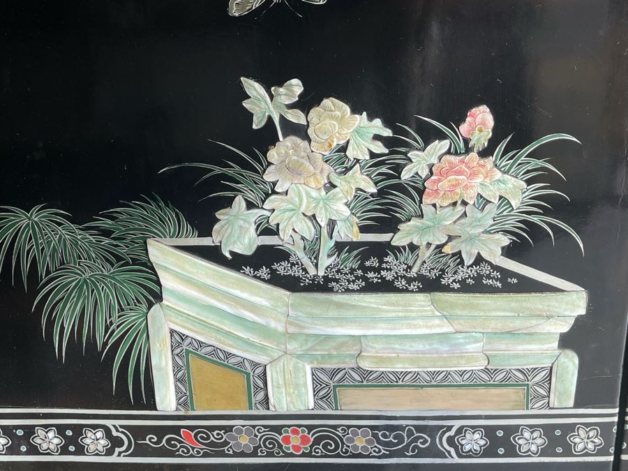 Impressive Japanese 4-Panel Hand Painted Wooden Screen With Carved Semi-Precious Stone Applied Decorations 64W X 72H - See Photos [Photo 18]