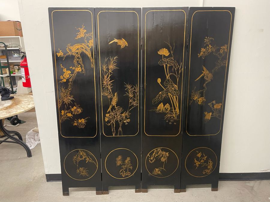 Impressive Japanese 4-Panel Hand Painted Wooden Screen With Carved Semi-Precious Stone Applied Decorations 64W X 72H - See Photos [Photo 23]
