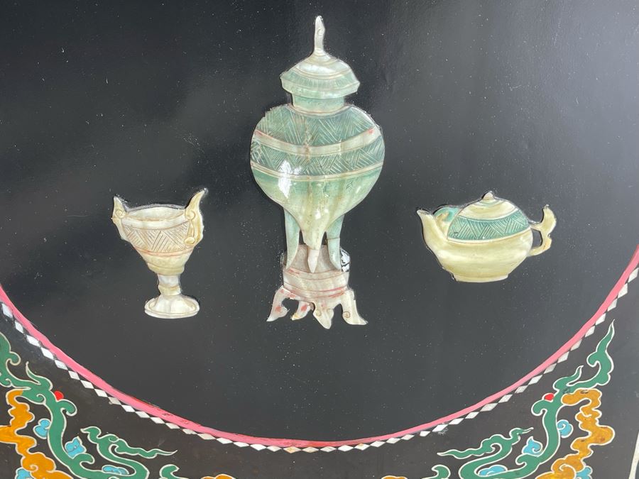 Impressive Japanese 4-Panel Hand Painted Wooden Screen With Carved Semi-Precious Stone Applied Decorations 64W X 72H - See Photos [Photo 11]