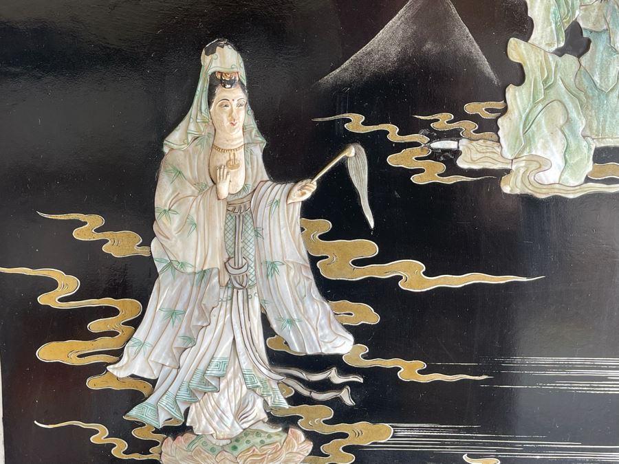 Impressive Japanese 4-Panel Hand Painted Wooden Screen With Carved Semi-Precious Stone Applied Decorations 64W X 72H - See Photos [Photo 4]