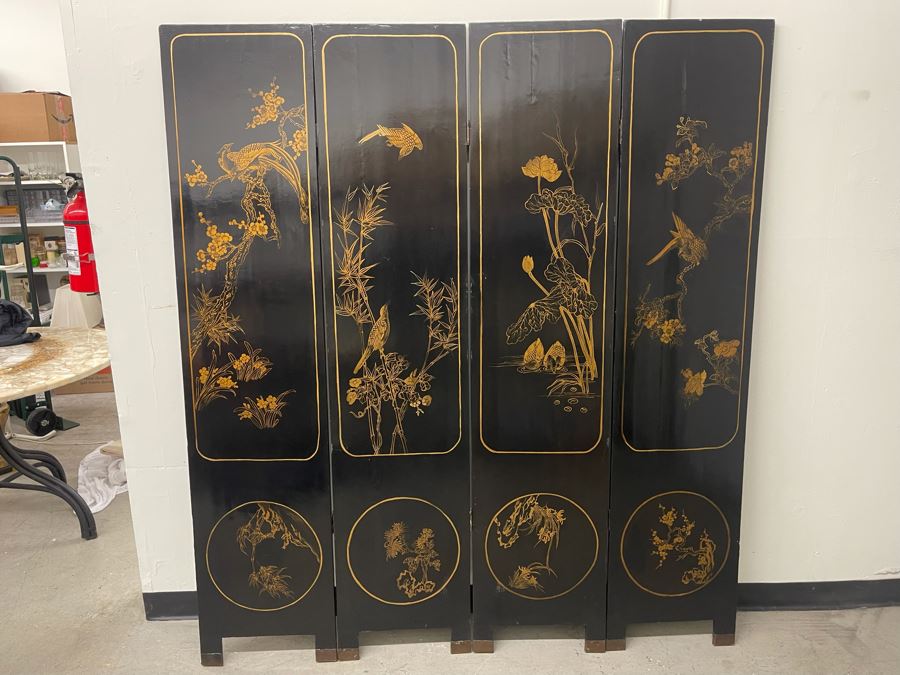 Impressive Japanese 4-Panel Hand Painted Wooden Screen With Carved Semi-Precious Stone Applied Decorations 64W X 72H - See Photos [Photo 24]