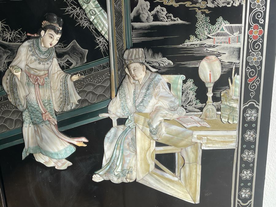 Impressive Japanese 4-Panel Hand Painted Wooden Screen With Carved Semi-Precious Stone Applied Decorations 64W X 72H - See Photos [Photo 19]