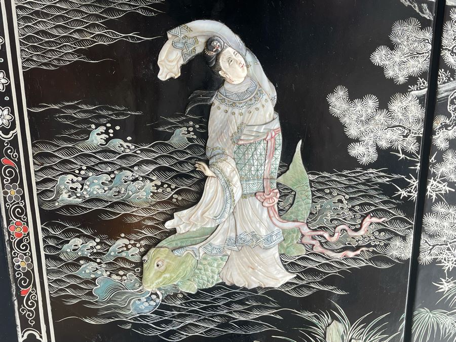 Impressive Japanese 4-Panel Hand Painted Wooden Screen With Carved Semi-Precious Stone Applied Decorations 64W X 72H - See Photos [Photo 15]