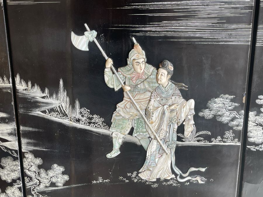 Impressive Japanese 4-Panel Hand Painted Wooden Screen With Carved Semi-Precious Stone Applied Decorations 64W X 72H - See Photos [Photo 3]