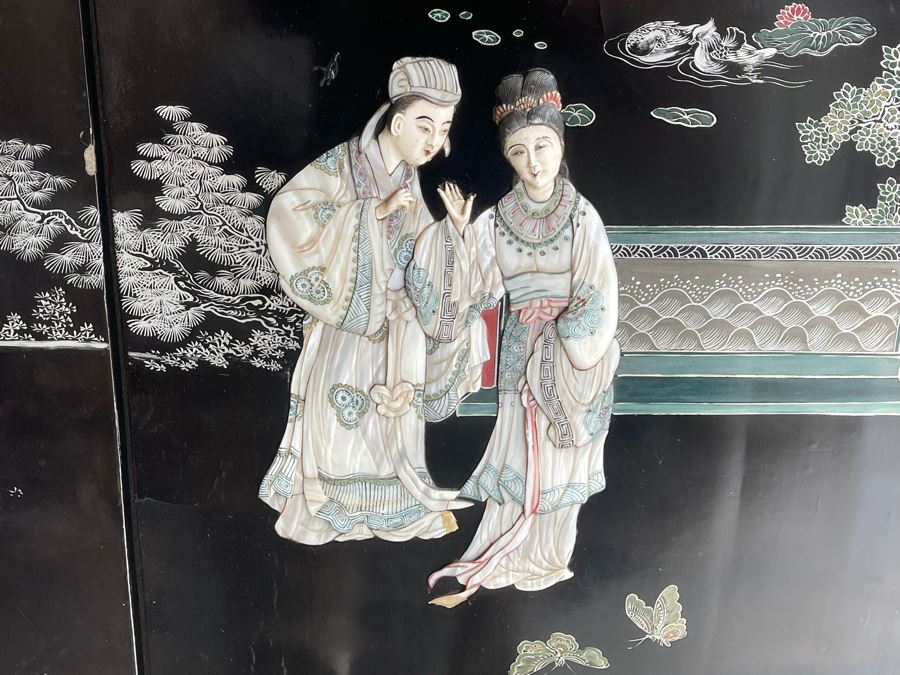 Impressive Japanese 4-Panel Hand Painted Wooden Screen With Carved Semi-Precious Stone Applied Decorations 64W X 72H - See Photos [Photo 13]