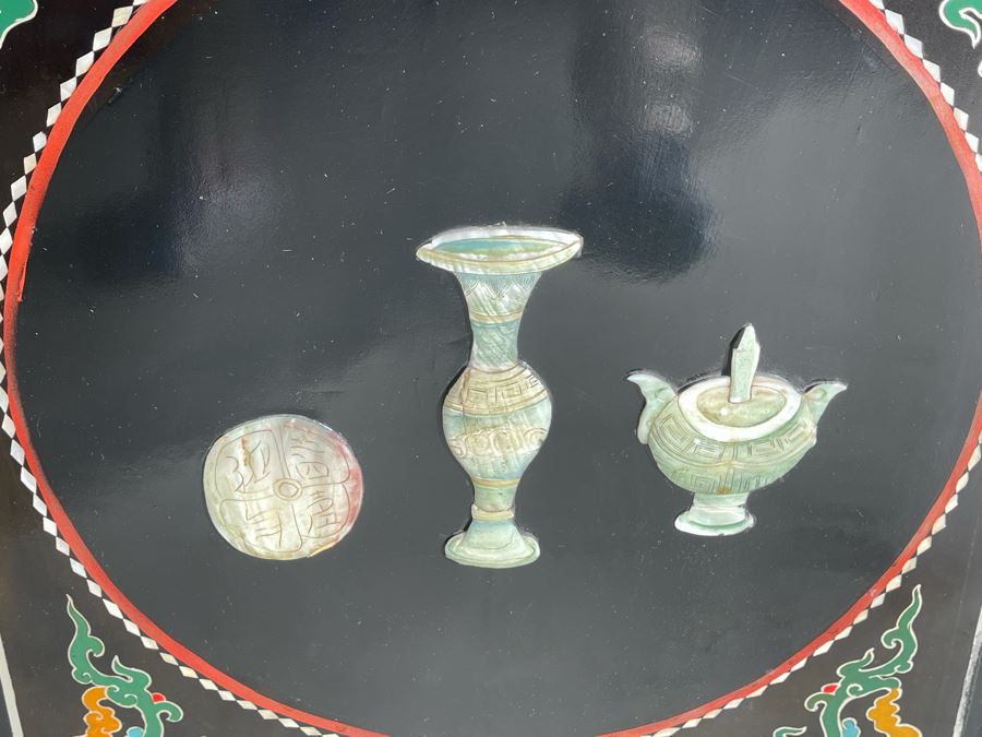 Impressive Japanese 4-Panel Hand Painted Wooden Screen With Carved Semi-Precious Stone Applied Decorations 64W X 72H - See Photos [Photo 12]