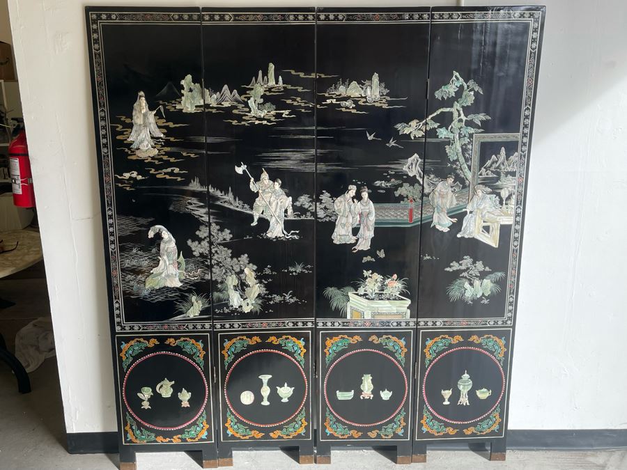 Impressive Japanese 4-Panel Hand Painted Wooden Screen With Carved Semi-Precious Stone Applied Decorations 64W X 72H - See Photos [Photo 8]