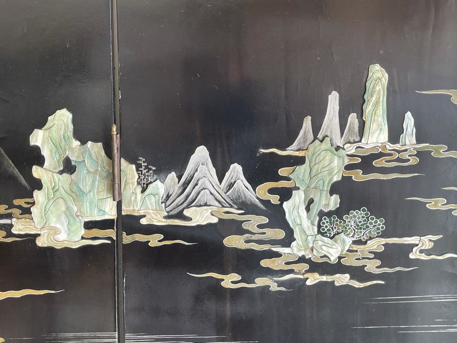 Impressive Japanese 4-Panel Hand Painted Wooden Screen With Carved Semi-Precious Stone Applied Decorations 64W X 72H - See Photos [Photo 14]