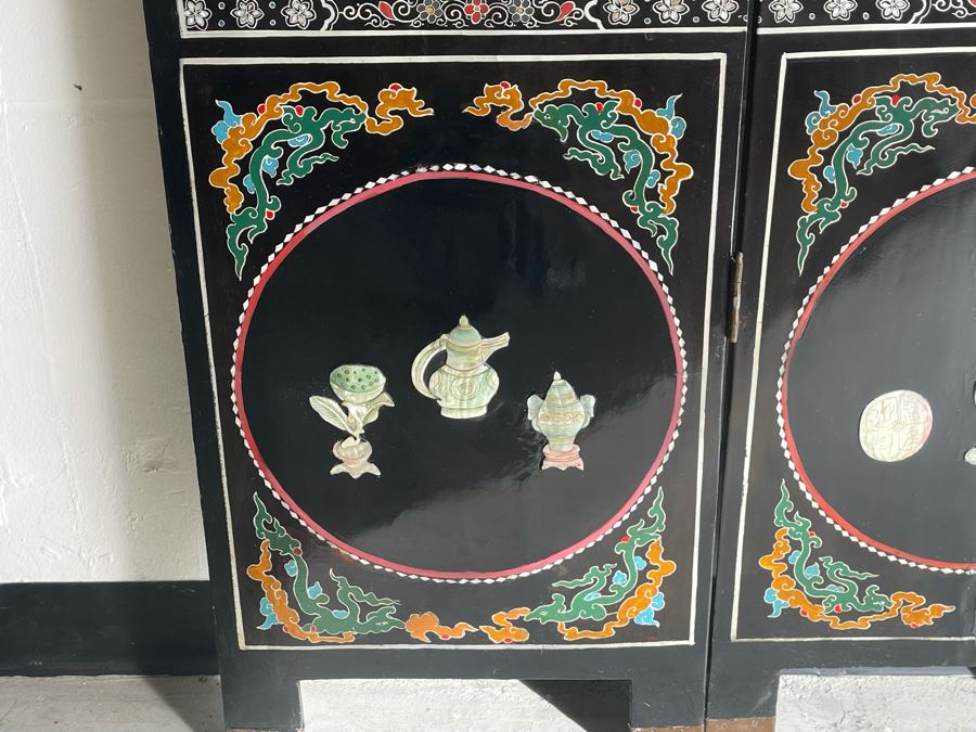 Impressive Japanese 4-Panel Hand Painted Wooden Screen With Carved Semi-Precious Stone Applied Decorations 64W X 72H - See Photos [Photo 17]