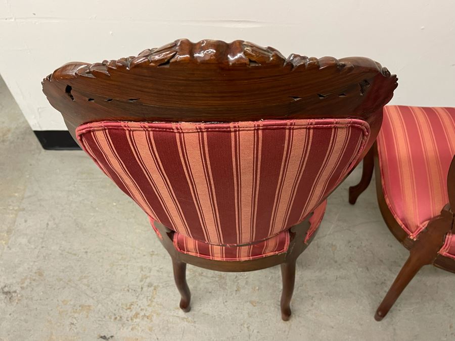 Pair Of Vintage Carved Wooden Upholstered Accent Chairs 16.5H Seat Height [Photo 10]