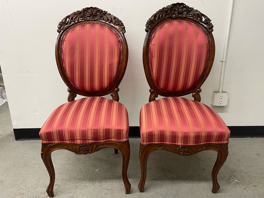 Pair Of Vintage Carved Wooden Upholstered Accent Chairs 16.5H Seat Height [Photo 3]