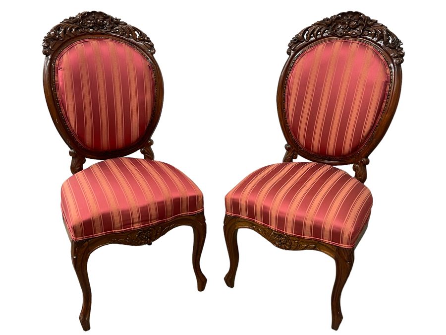 Pair Of Vintage Carved Wooden Upholstered Accent Chairs 16.5H Seat Height