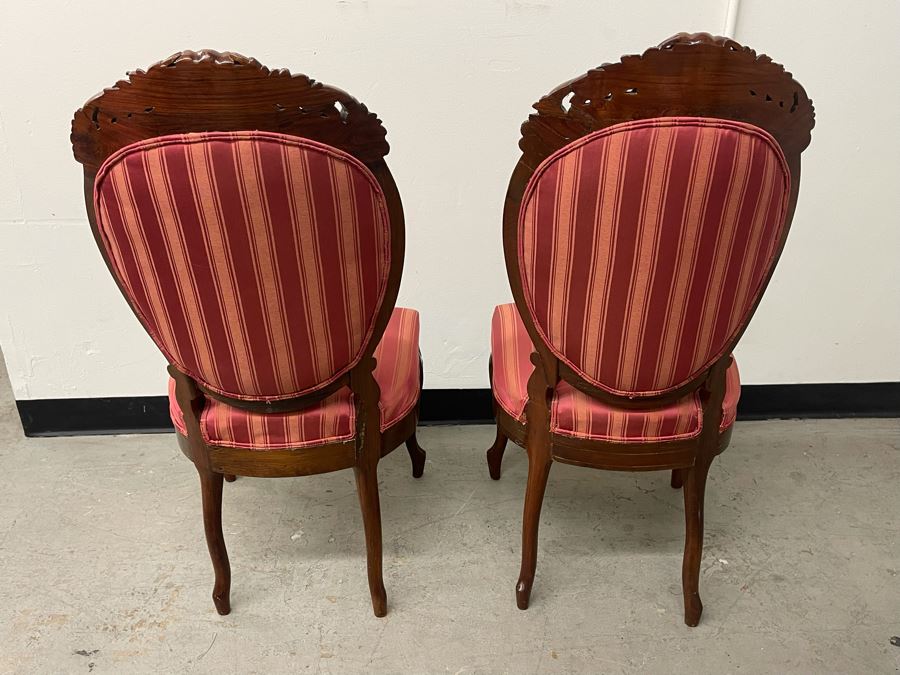 Pair Of Vintage Carved Wooden Upholstered Accent Chairs 16.5H Seat Height [Photo 8]