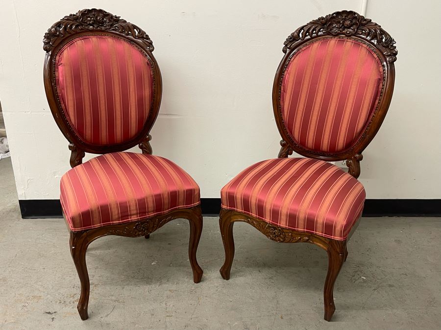 Pair Of Vintage Carved Wooden Upholstered Accent Chairs 16.5H Seat Height [Photo 5]