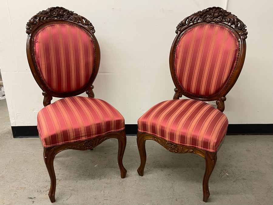 Pair Of Vintage Carved Wooden Upholstered Accent Chairs 16.5H Seat Height [Photo 2]