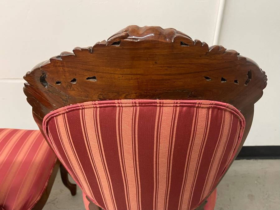 Pair Of Vintage Carved Wooden Upholstered Accent Chairs 16.5H Seat Height [Photo 9]