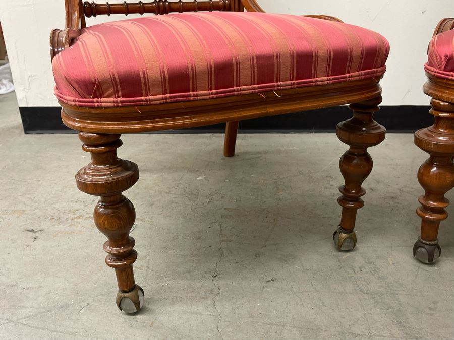 Pair Of Antique Carved Wooden Upholstered Side Chairs With Glass Ball Feet [Photo 5]