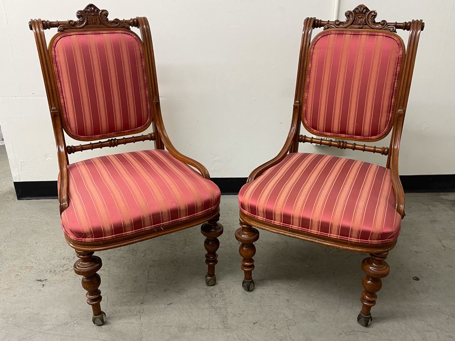 Pair Of Antique Carved Wooden Upholstered Side Chairs With Glass Ball Feet [Photo 2]