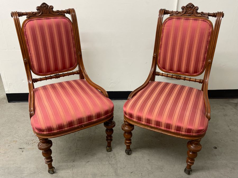 Pair Of Antique Carved Wooden Upholstered Side Chairs With Glass Ball Feet [Photo 4]