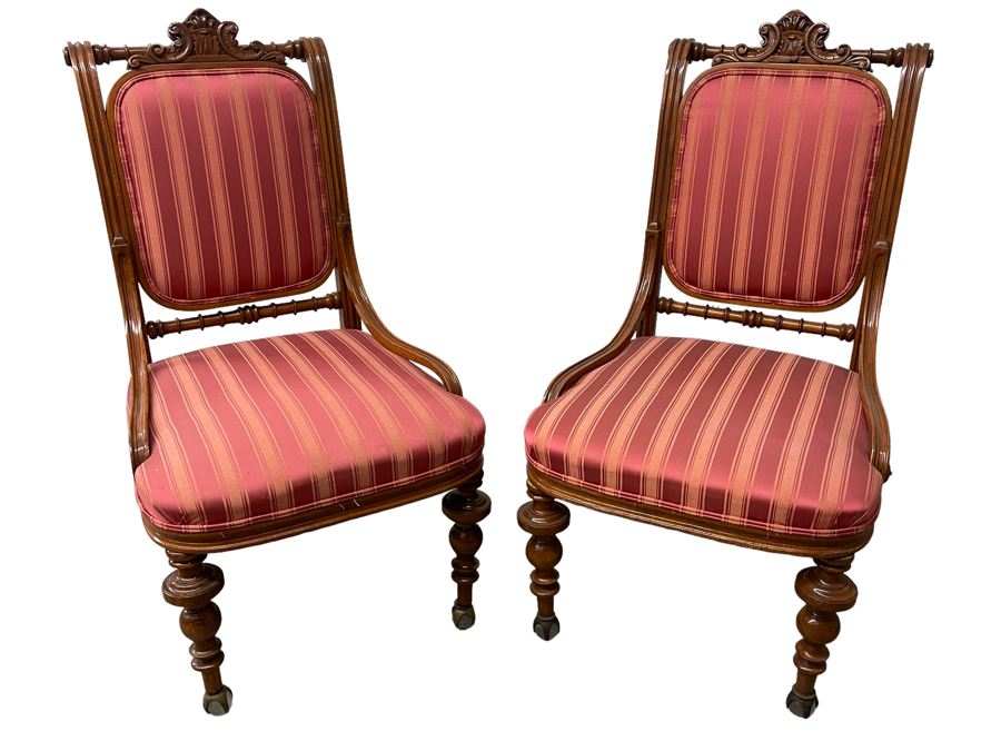 Pair Of Antique Carved Wooden Upholstered Side Chairs With Glass Ball Feet