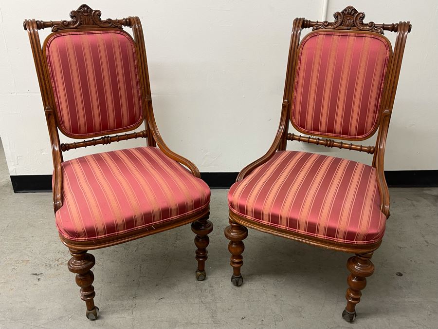Pair Of Antique Carved Wooden Upholstered Side Chairs With Glass Ball Feet [Photo 3]