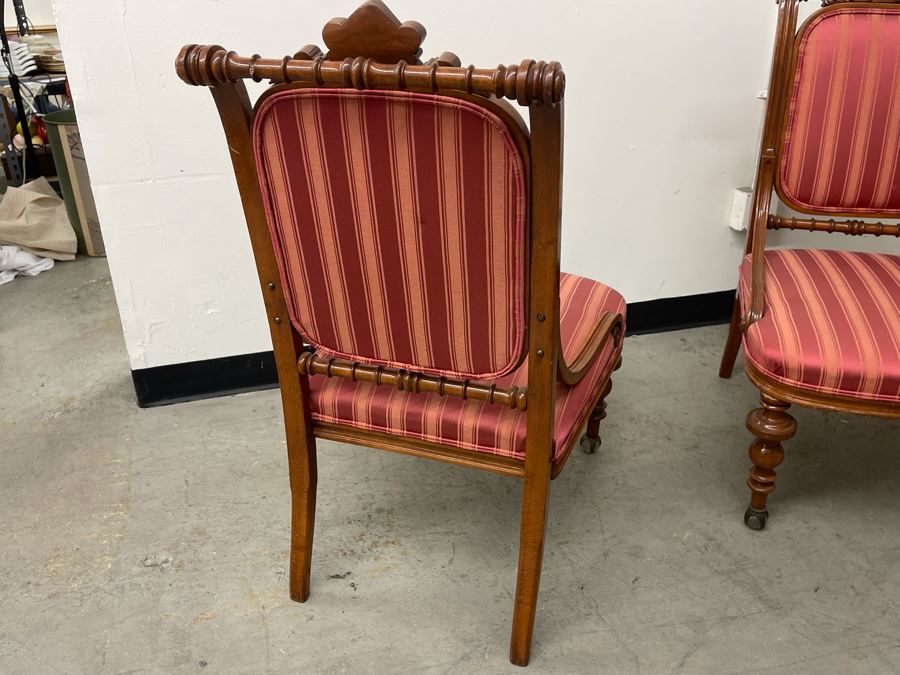 Pair Of Antique Carved Wooden Upholstered Side Chairs With Glass Ball Feet [Photo 10]