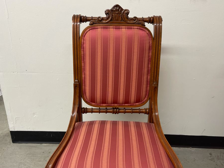 Pair Of Antique Carved Wooden Upholstered Side Chairs With Glass Ball Feet [Photo 9]