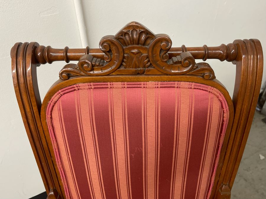 Pair Of Antique Carved Wooden Upholstered Side Chairs With Glass Ball Feet [Photo 6]