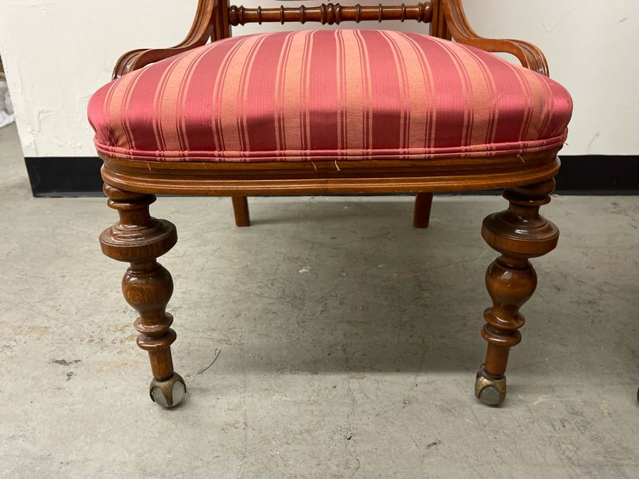 Pair Of Antique Carved Wooden Upholstered Side Chairs With Glass Ball Feet [Photo 7]