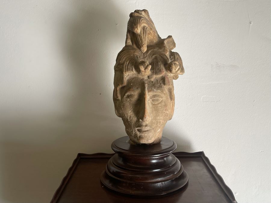 Reproduction Mayan Warrior Bust Sculpture On Wooden Base 18.5H X 8W [Photo 4]