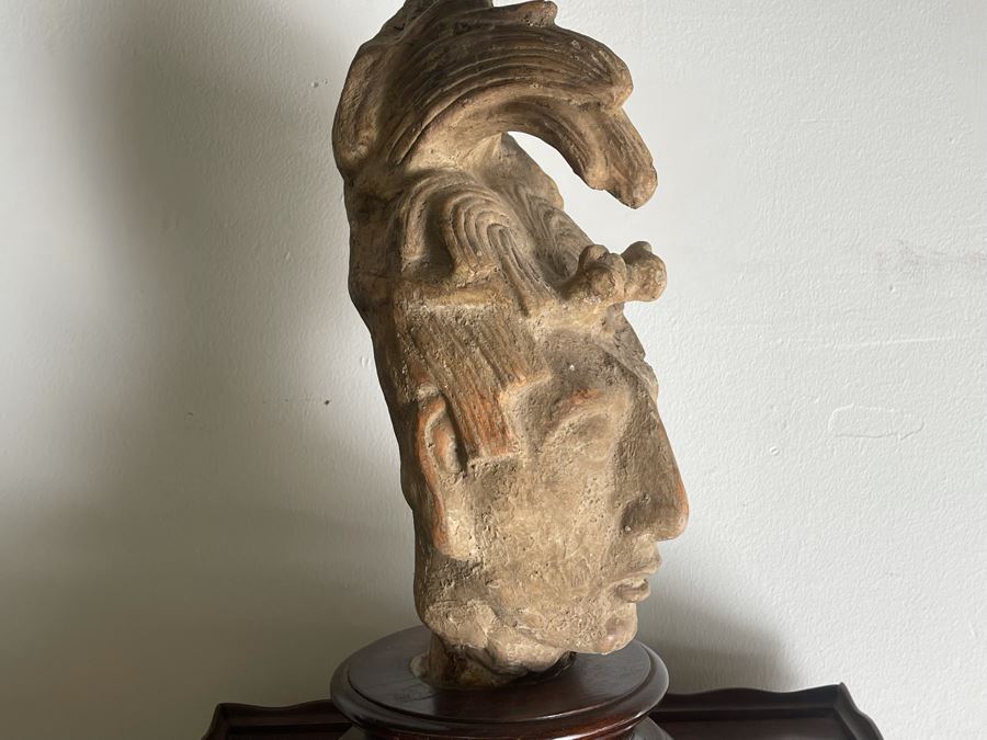 Reproduction Mayan Warrior Bust Sculpture On Wooden Base 18.5H X 8W [Photo 6]
