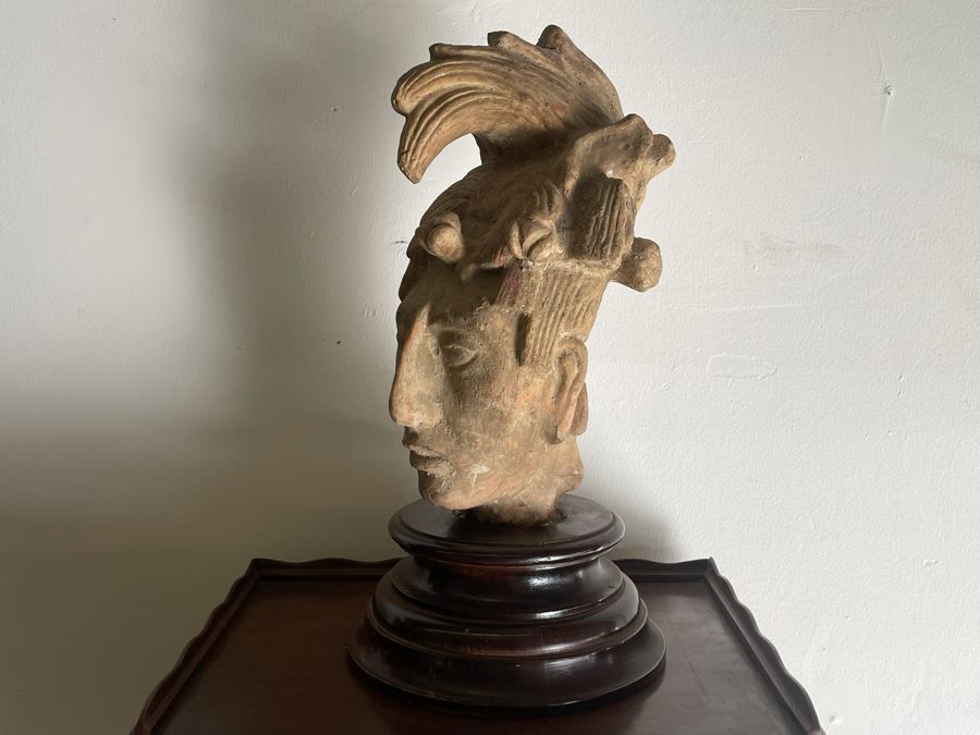 Reproduction Mayan Warrior Bust Sculpture On Wooden Base 18.5H X 8W [Photo 3]