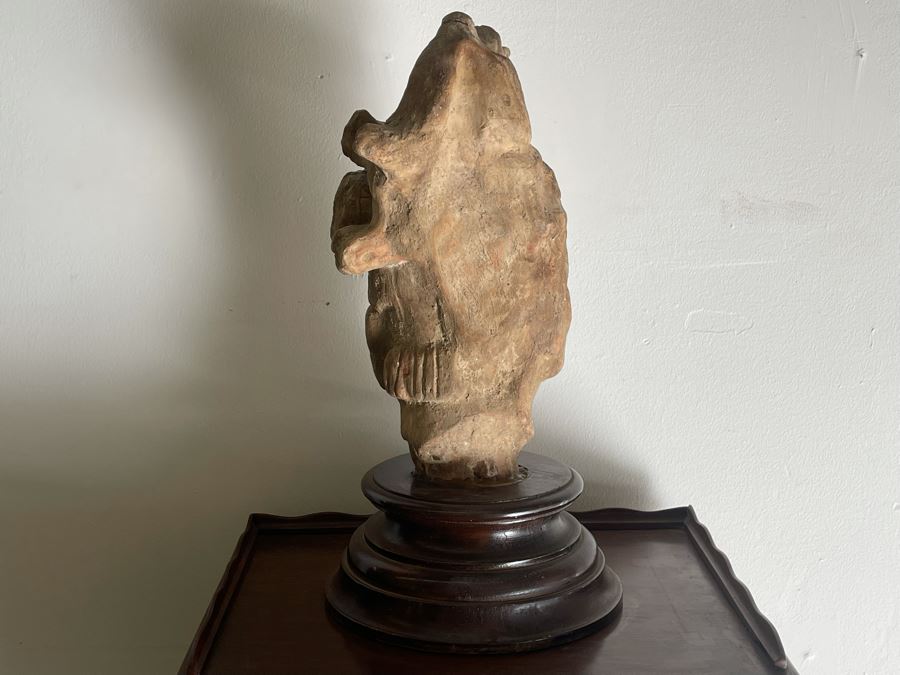 Reproduction Mayan Warrior Bust Sculpture On Wooden Base 18.5H X 8W [Photo 9]