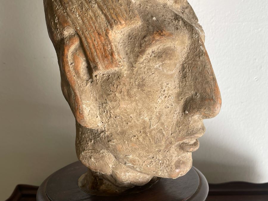 Reproduction Mayan Warrior Bust Sculpture On Wooden Base 18.5H X 8W [Photo 7]