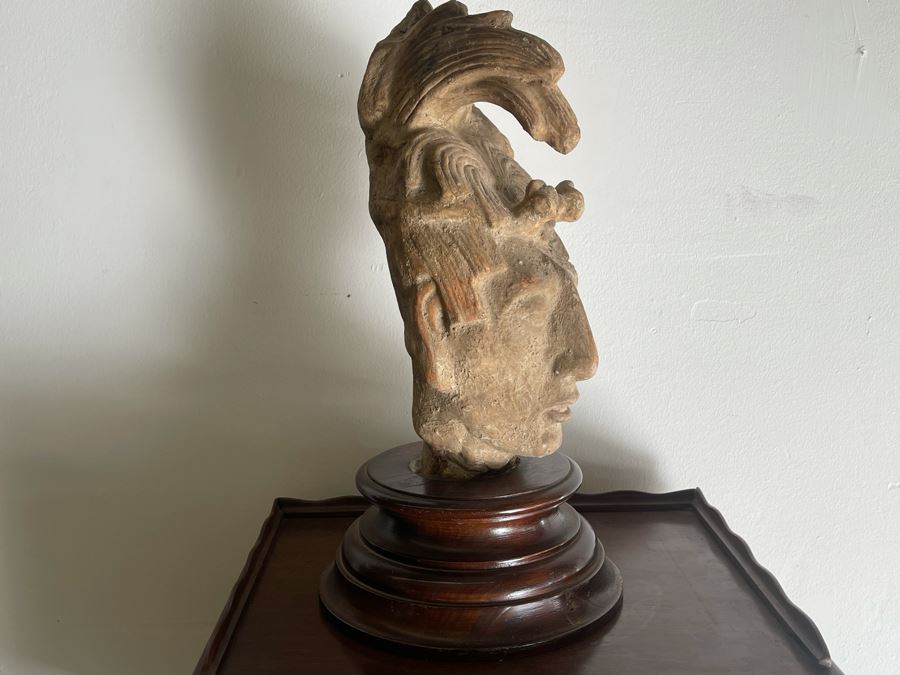 Reproduction Mayan Warrior Bust Sculpture On Wooden Base 18.5H X 8W [Photo 5]