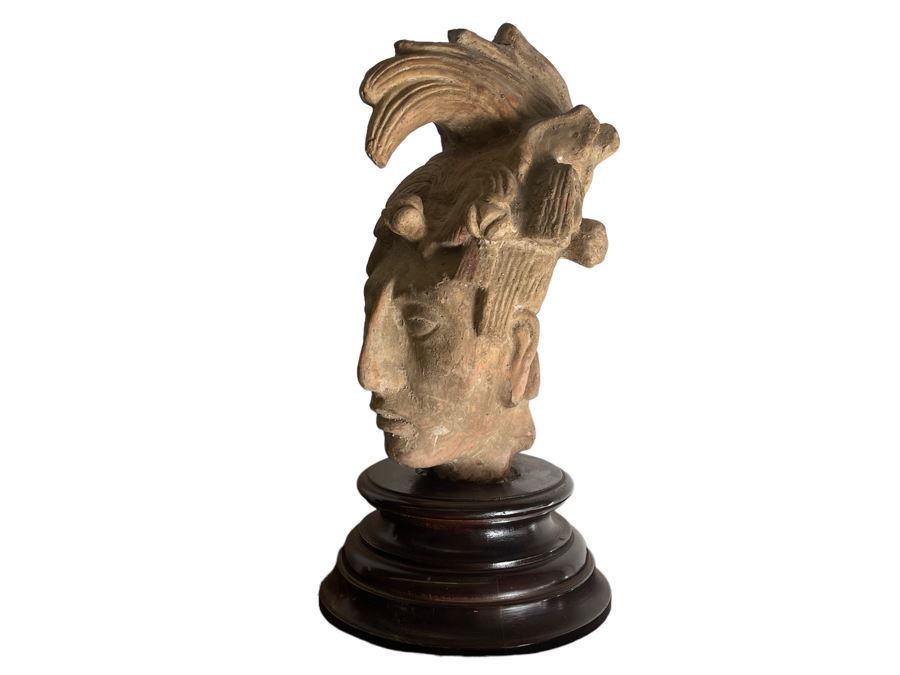 Reproduction Mayan Warrior Bust Sculpture On Wooden Base 18.5H X 8W [Photo 2]