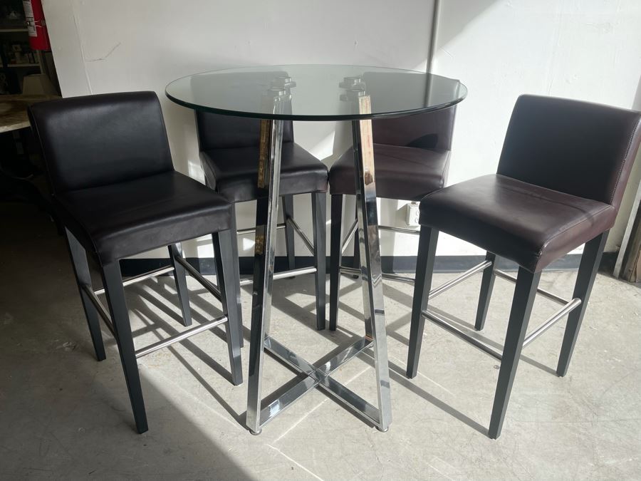 Chrome Base Bar Height Table 32R X 43H With Glass Top And Four Bar Height Chairs  [Photo 4]