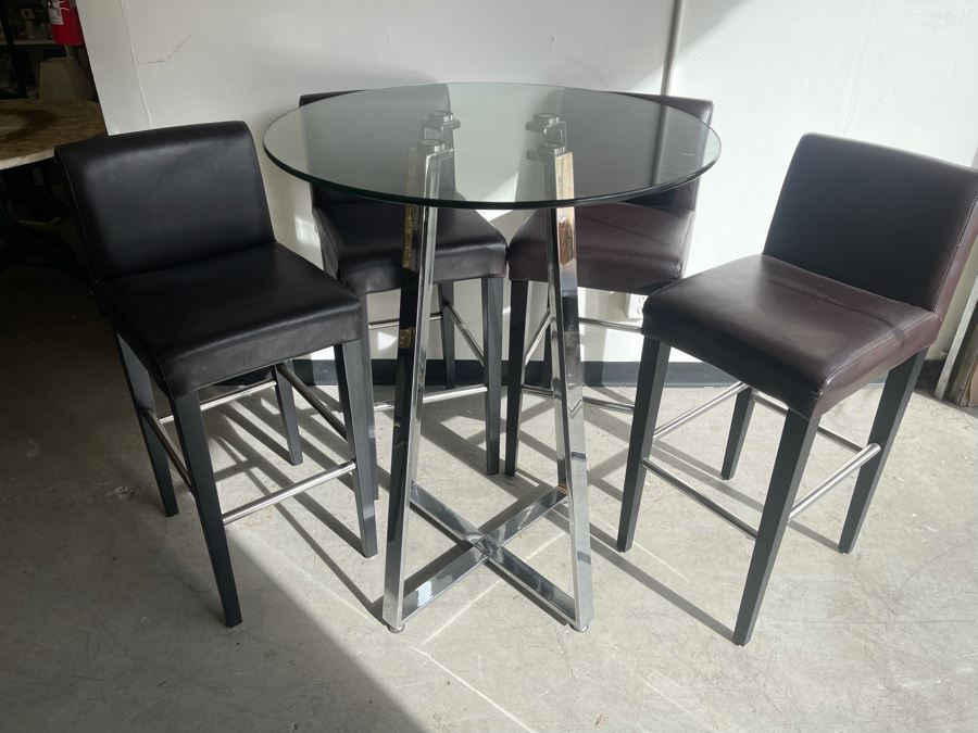 Chrome Base Bar Height Table 32R X 43H With Glass Top And Four Bar Height Chairs  [Photo 3]