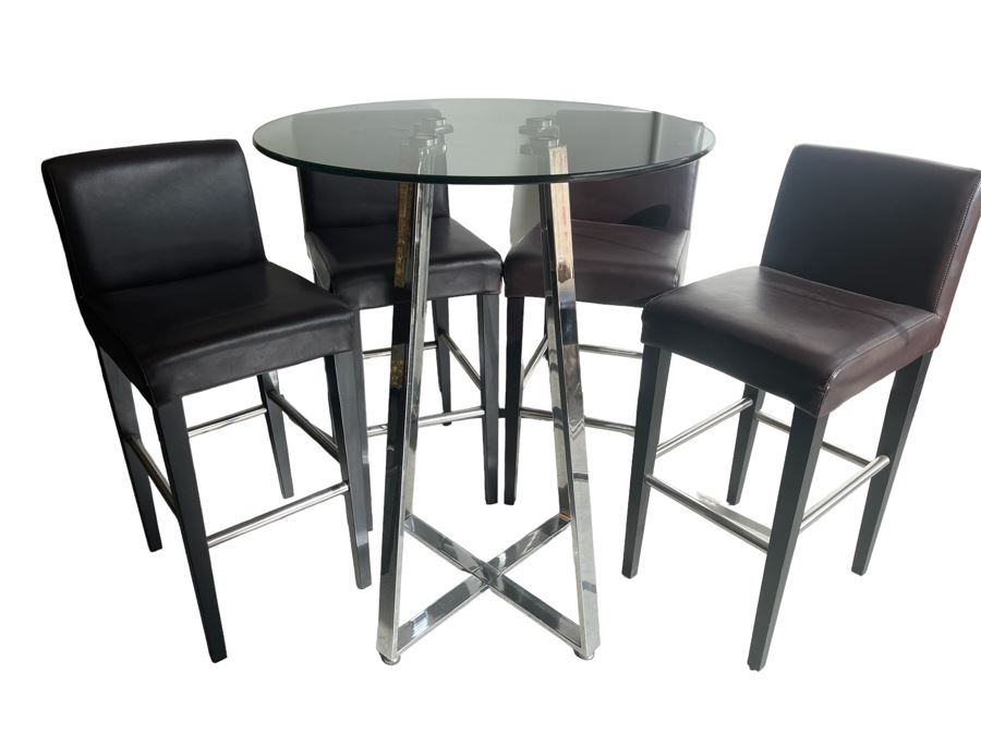 Chrome Base Bar Height Table 32R X 43H With Glass Top And Four Bar Height Chairs  [Photo 1]