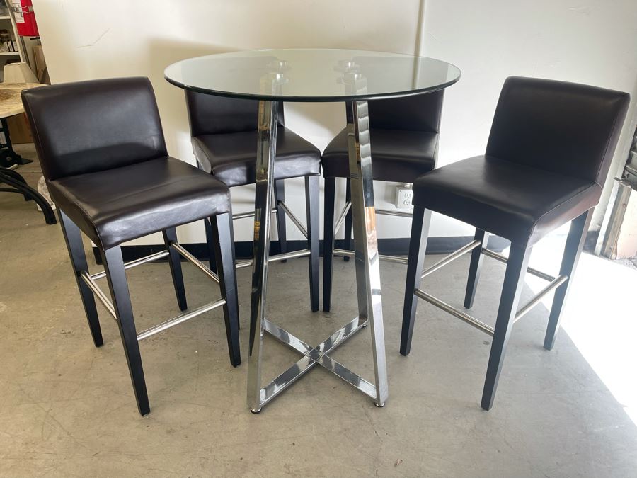 Chrome Base Bar Height Table 32R X 43H With Glass Top And Four Bar Height Chairs  [Photo 6]