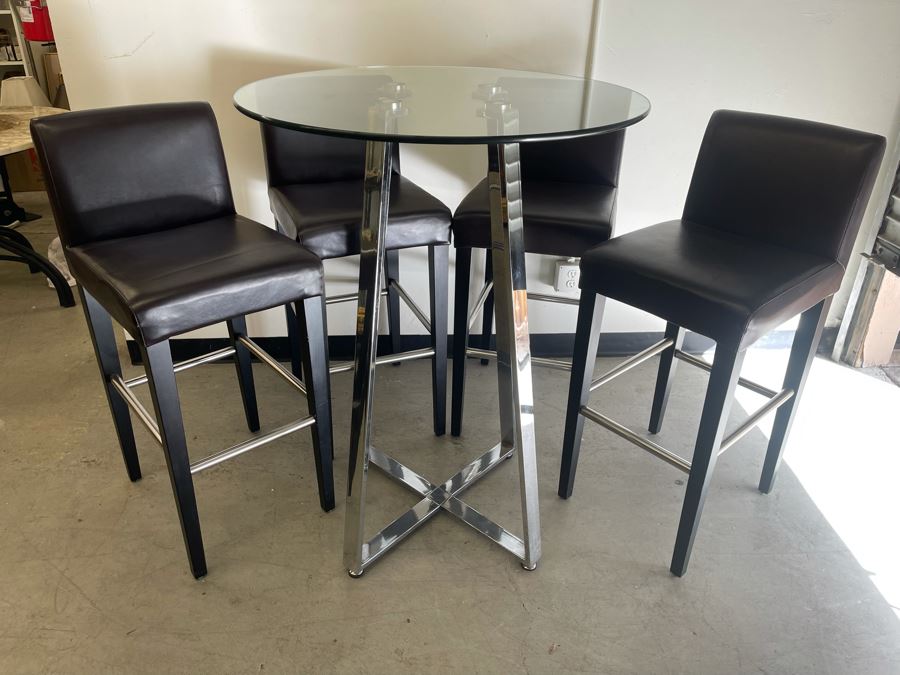 Chrome Base Bar Height Table 32R X 43H With Glass Top And Four Bar Height Chairs  [Photo 5]